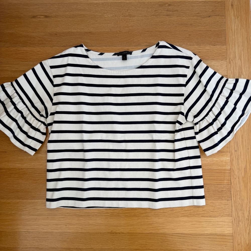 J. Crew Black and White Striped Ruffle Sleeve Crop Top